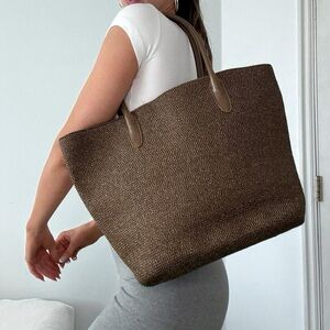 Talbots Geo Woven Tote Bag w/ Brown Leather Trim